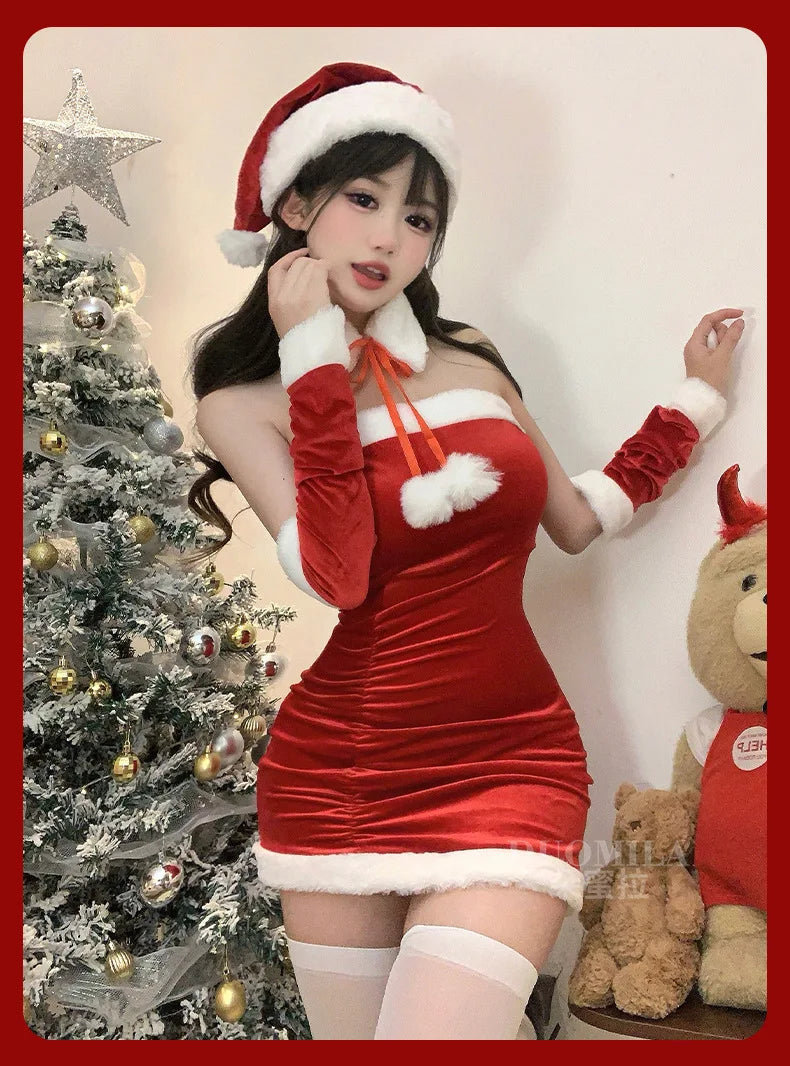 Fashion Sexy Korean Women Christmas Decoration Short Dress Elegant Velvet Sexy Female Cosplay Halloween Performance Dress 6BVH - Seprincess