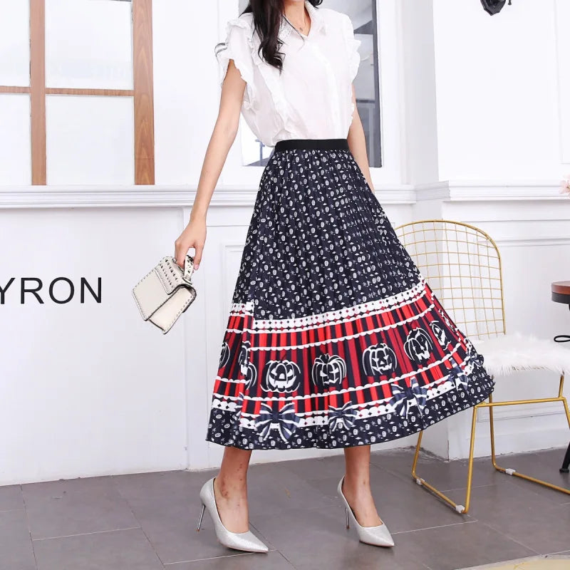 2024 Summer Women Cartoon Print Pleated Skirts A Line High Waisted Elastic Midi Long Skirt Ladies Party Korean Style Dresses