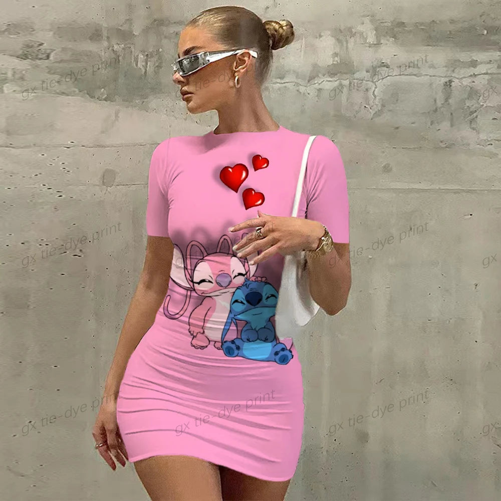 Elegant Women's Dress 2024 Top Sexy Slim Fit Lilo&Stitch Tight Women's Dress Casual Disney Cartoon Fashion Print Mickey 3XL - Seprincess