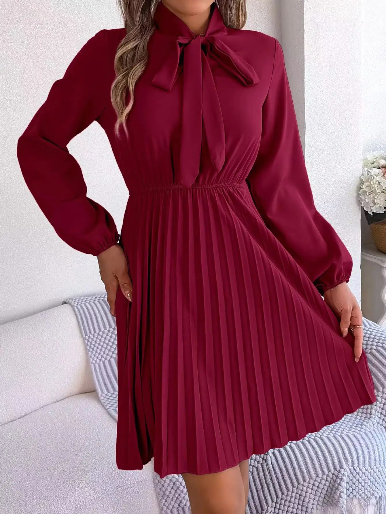 2024 Women's Dresses New in Spring Summer Autumn Winter New Fashion Pure Color Lace Up Long Sleeve Elastic Waist Party Pleated - Seprincess