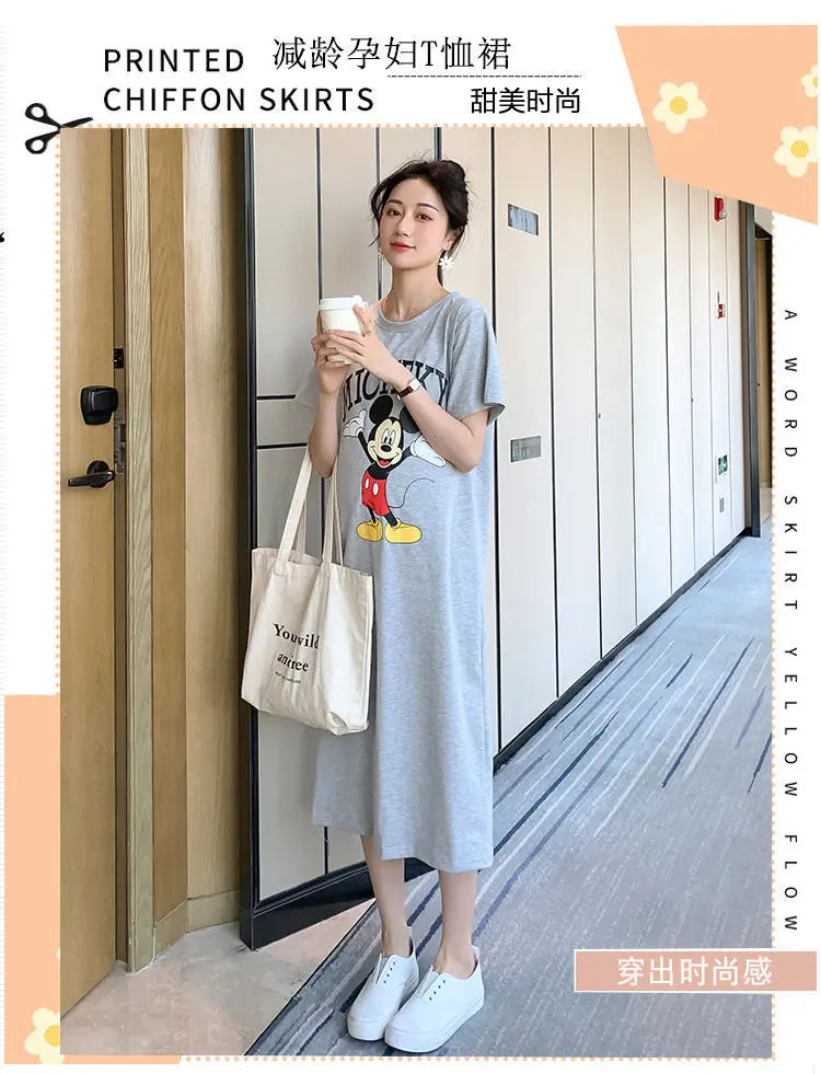 Disney Dongdaemun Maternity Dress Short Sleeve T-shirt Skirt 2022 Summer Cartoon Mickey Printed Summer Dress Fashion - Seprincess