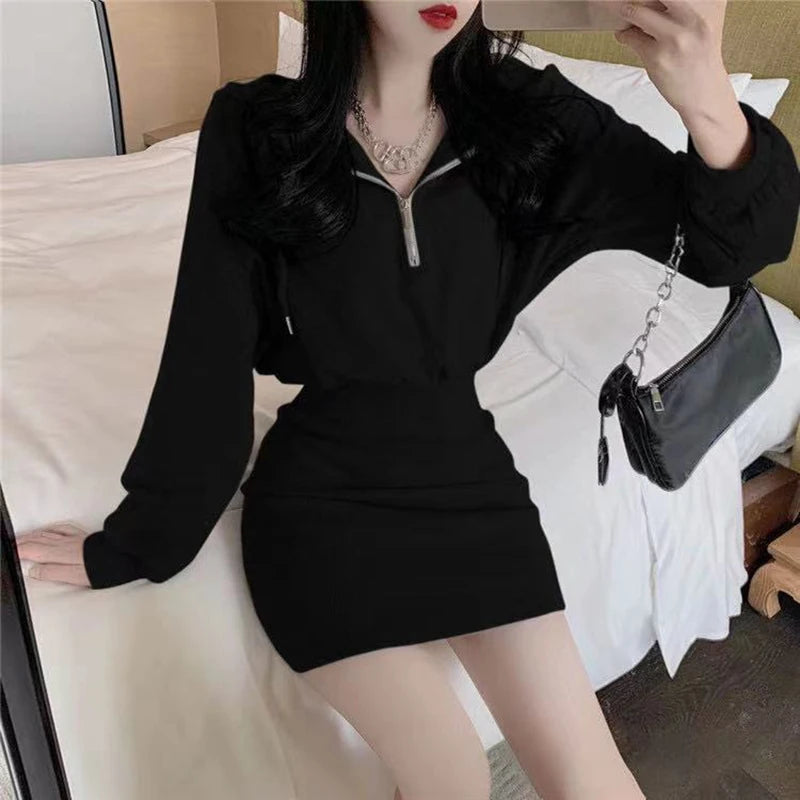 Sexy Slim Female Dress 2022 Summer New Solid Puff Long Sleeve Short Hooded Sweater Skirt High Waist Bag Hip Women Dresses - Seprincess