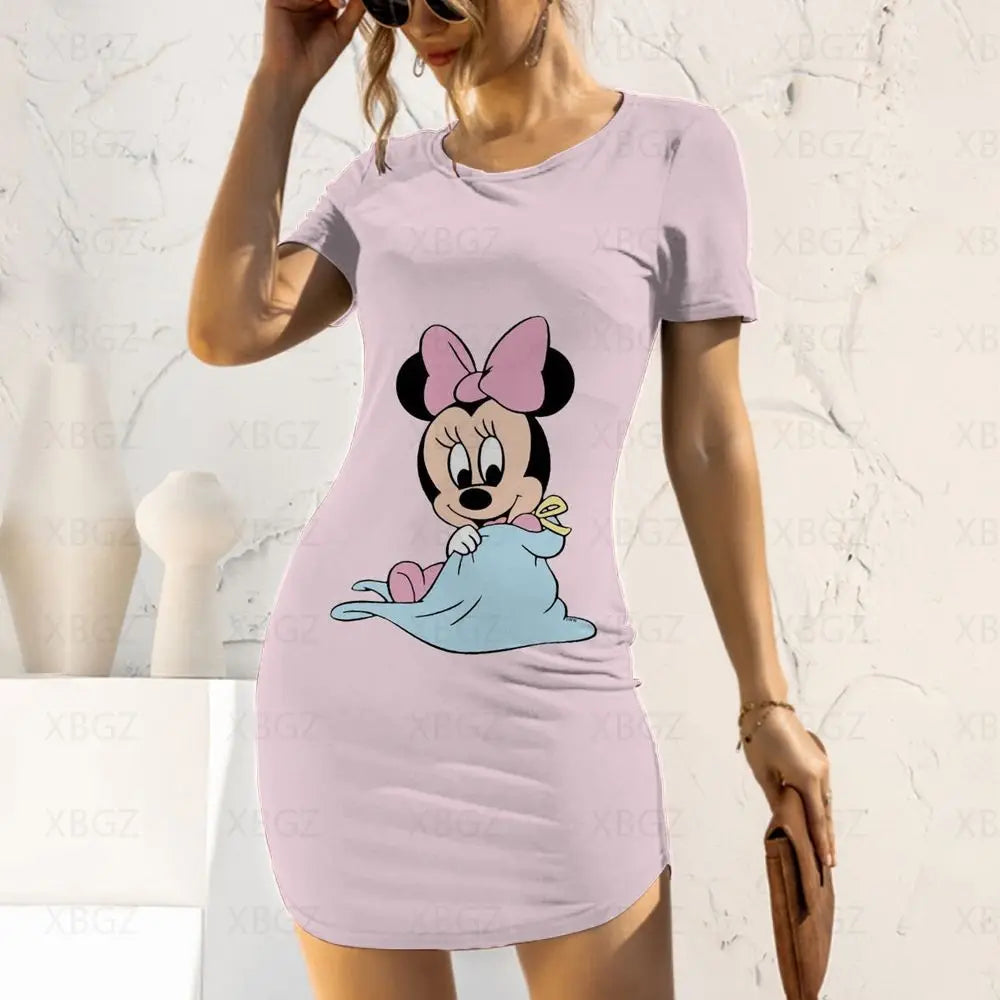 Disney Fashion Casual Elegant Dresses for Women 2024 Women's Dress Mickey Tight Minnie Mouse Cartoon Sexy Print Slim Fit Summer - Seprincess