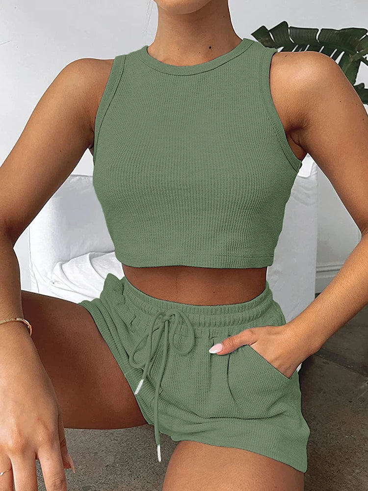 2024 Summer New Sleeveless Waffle Elegant Women's Sets Solid Color Sexy Waist Vest Casual Tethered Shorts Female's Two-Piece Set - Seprincess