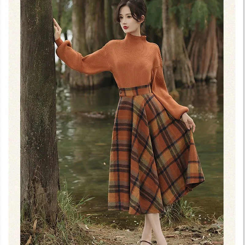 Women's Spring Autumn Vintage Plaid Long Skirts Sweater Two-Piece Set French Lady Graceful Knit Pullover High Waist Skirt Outfit - Seprincess