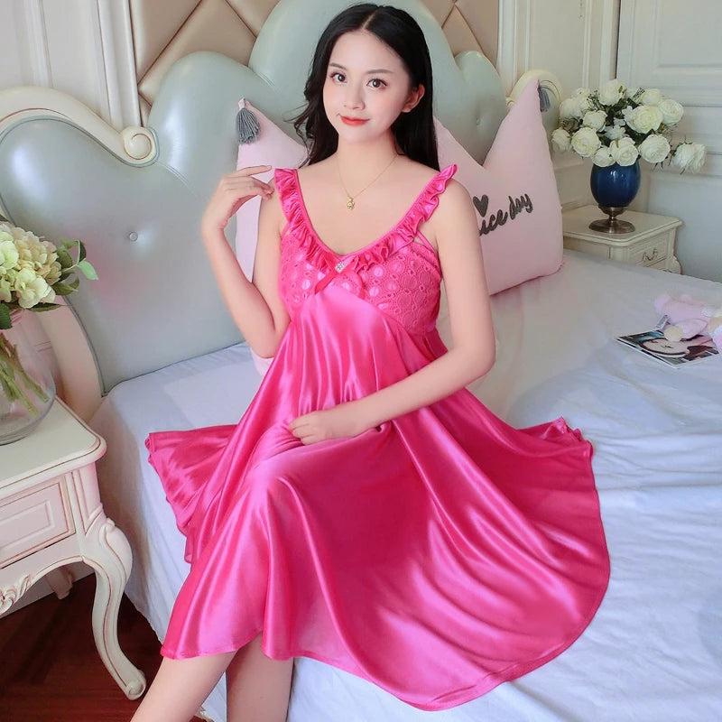 Thin Silk Lady Charming Sleepwear Night Dress Women Sexy Soft Lingerie Spaghetti Strap Home Wear Honeymoon Bride Wedding Nighty - Seprincess