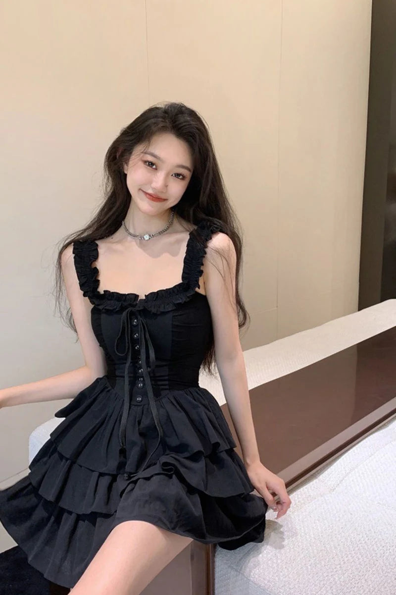 Jmprs Sexy Slip Lolita Style Black Dress Women Vintage Sleeveless Y2K Mini Dress Summer Slim Sweet Korean Lace Up Cake Dress New - Seprincess