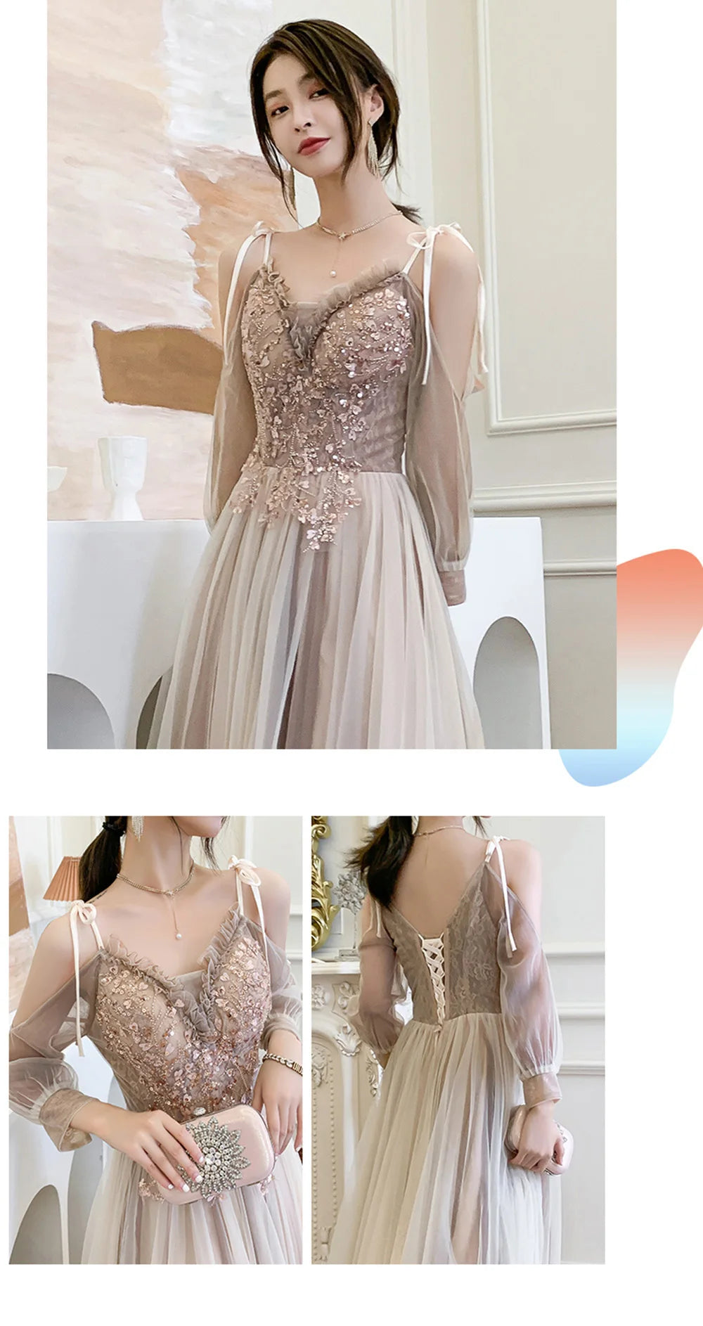 4 styles Champagne Pink Bridesmaid Dress Women's Elegant Off Shoulder Ruffles Sleeves Gown Sequins Flower Applique Vestido - Seprincess