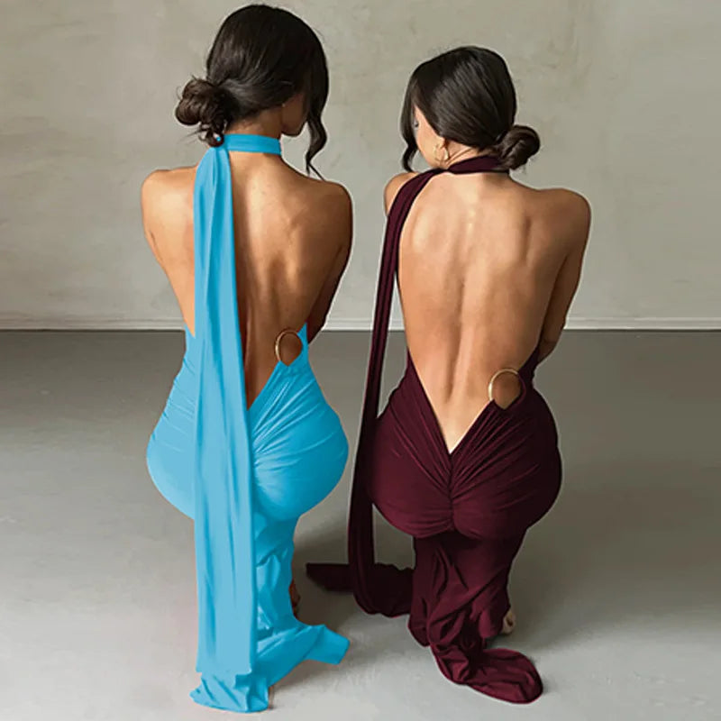 Womens Elegant Evening Party Cocktail Long Dress Sexy Backless Open Back Ruched Slim Bodycon Formal Wedding Guest Maxi Dress