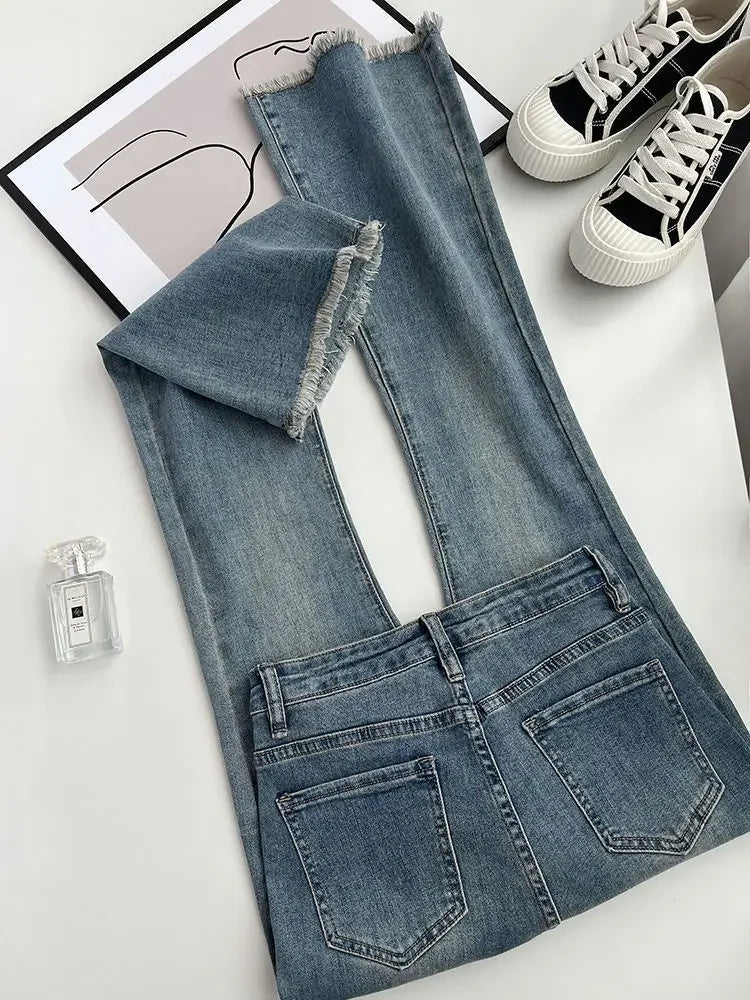 Summer New Fringe Jeans Women's Student High-waisted Elastic Slimming Bootcut Pants Vintage Thin Bell-bottom Pantsins