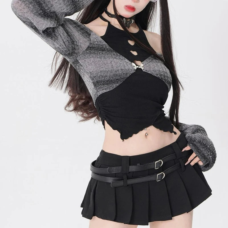 2024 Spring Autumn Two Pieces Skirt Set Women Y2k Crop Tops T-shirt + Short Skirt Japanese Kawaii Fashion Suits Chic New Korean - Seprincess