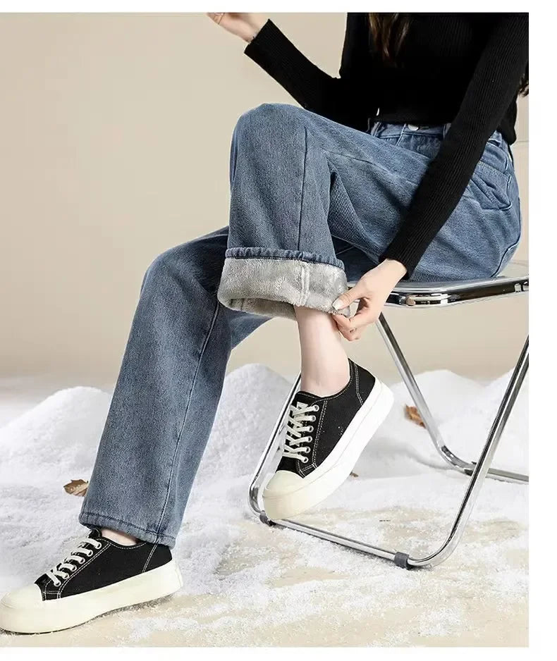 Thickened Fleece-Lined Warm Straight-Leg Jeans Design Adjustable High-Waisted Slimming Bell Bottoms Winter New Arrival