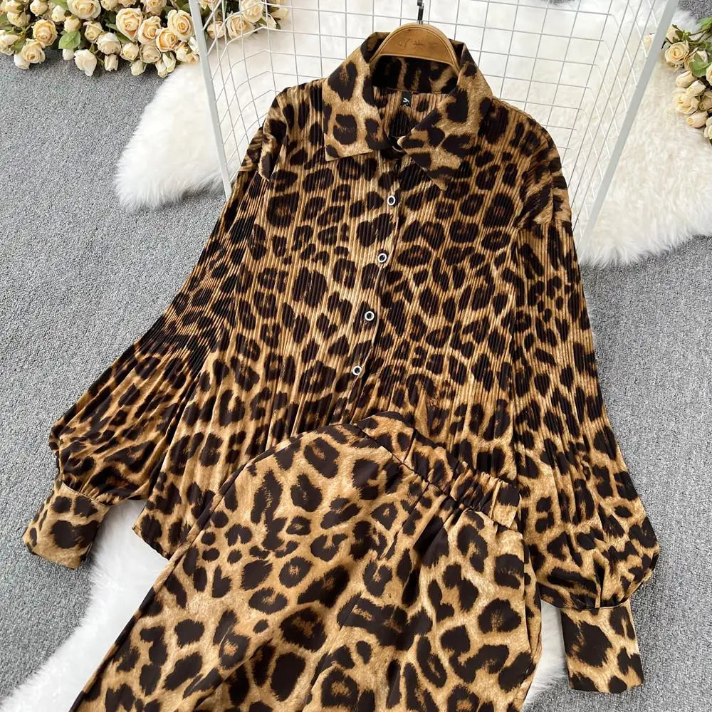 Autumn Elegant Women 2 Pieces Set Leopard Print Long Sleeve Shirts Casual Loose Pantalon Outfits New Fashion Vintage Sweatsuit - Seprincess