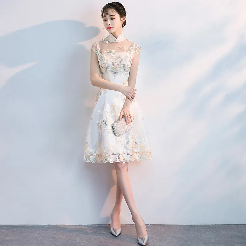 Champagne Sweet Elegant Bridesmaid Dress Women Temperament Formal Party Gown Exquisite Floral Embroidery Novelty Cheongsam - Seprincess