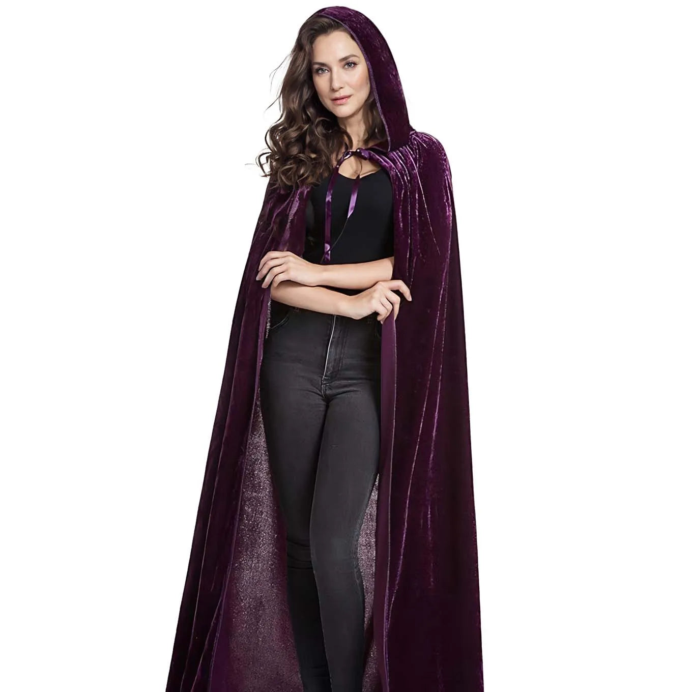 Halloween Pleuche Velvet Cloak Cape Hooded Medieval Costume Witch Wicca Vampire Halloween Cosplay Costume Cape for Christmas - Seprincess