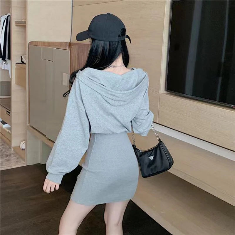 Sexy Slim Female Dress 2022 Summer New Solid Puff Long Sleeve Short Hooded Sweater Skirt High Waist Bag Hip Women Dresses - Seprincess