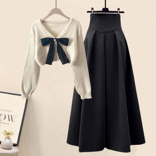 Korean Fashion Casual Skirt Sets Knitted Pullover+ Slim Umbrella Skirt Two Piece Set Plus Size Clothing - Seprincess