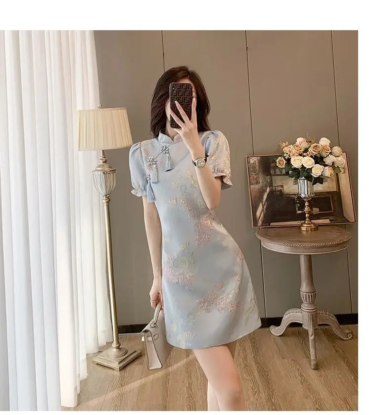 Chinese Style Elegant Cheongsams Dress Summer Women Vintage Floral Embroidery Qipao Mini Dress Lady Chic Tassels Slim Vestidos - Seprincess