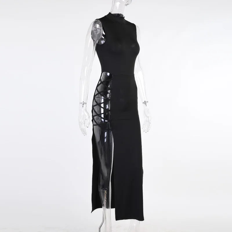 Y2k Evening Dress Halter Vest New Summer Dress Elegant Sexy Simple Black Sleeveless Bandage Sexy High Slit Bandage Maxi Dress