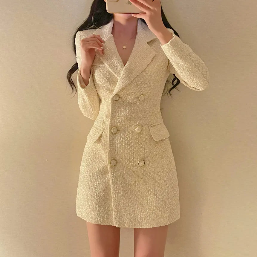 Elegant Tweed Blazer Dress Double Breasted Slim Short Dresses for Women Korean Fashion Office Lady Coat Dress Autumn Winter New - Seprincess