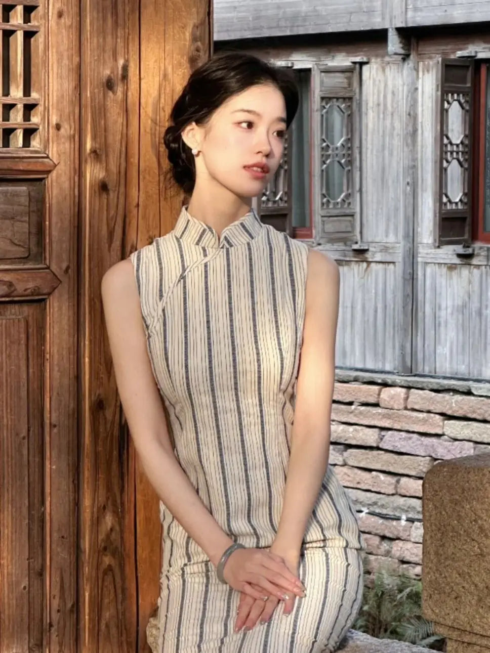 Summer chinese style qipao women youth style stripe improved sleeveless daily qipao improved OL style cheongsam dress - Seprincess