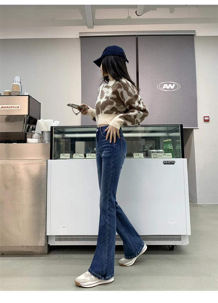 Winter Warm Women's Jeans Fashion Slim Thicken Fleece Flared Pants High Waist Elastic Skinny Velvet Plus Length Female Jeans