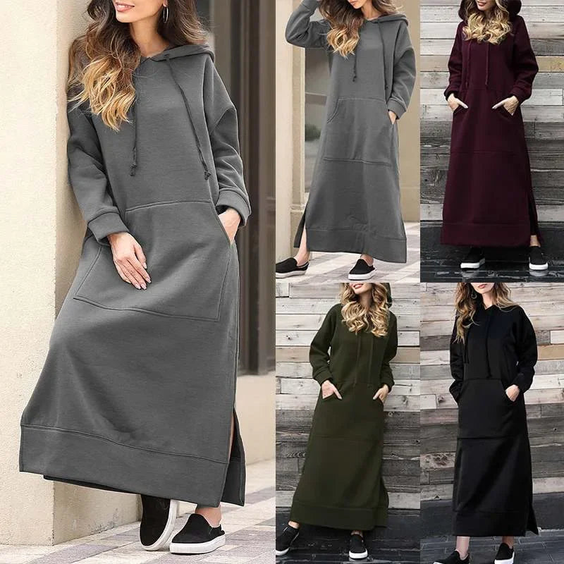 Women Dresses Autumn Winter hoodies Hooded Big Pocket Sweaters Dress Long Sleeved Casual Loose Elegant Office Lady Vestidos - Seprincess