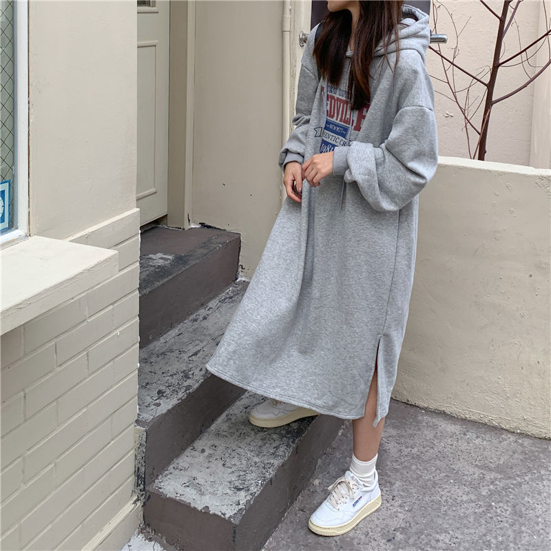 Autumn Winter Women Fleece Thicken Hooded Dress Print Letter Drawstring Korean Fashion Loose Midi Side Slit Oversized Dresses - Seprincess