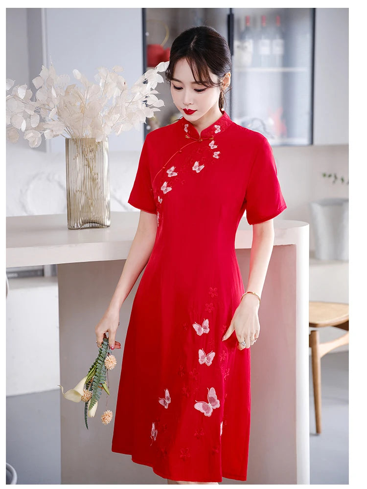 Retro Ethnic Style Chinese Traditional Qipao Dress Fashion Embroidered Improved Red Cheongsam CNY - Seprincess