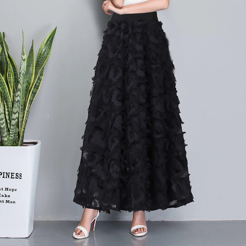 Spring Summer and Autumn New Chiffon High Waisted and Versatile A-line Skirt With Fluffy Tassels Ladies and Girls Black - Seprincess