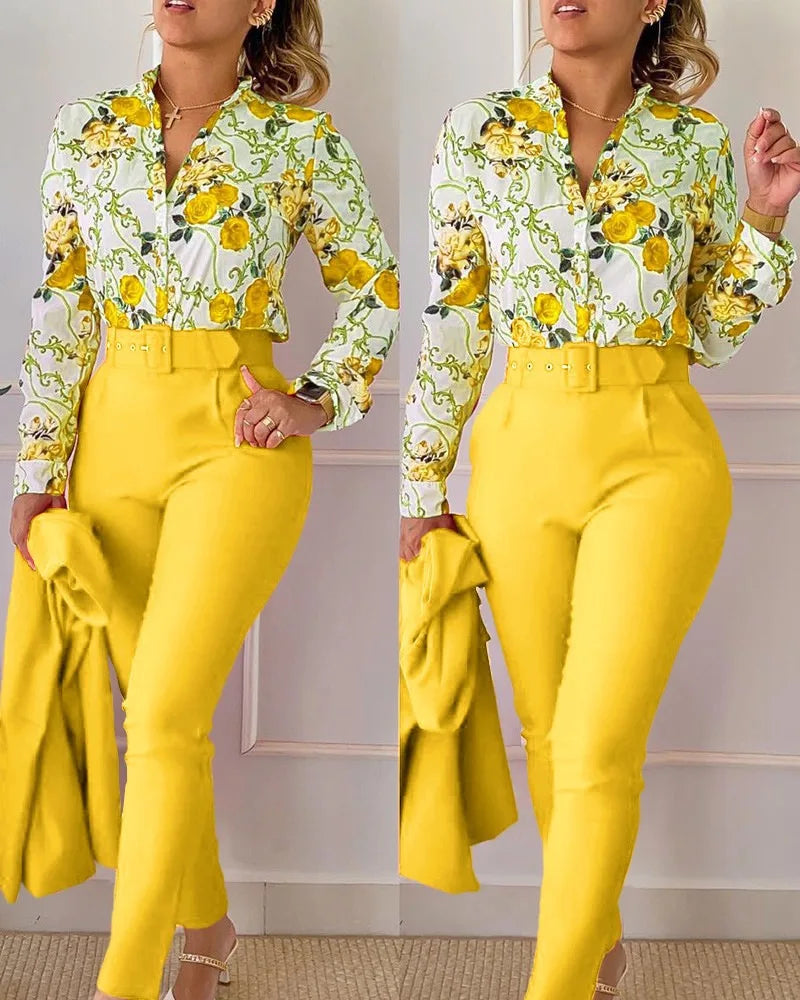 Elegant Women Printed Two Piece Suit Sets Spring Autumn V Neck Long Sleeve Shirt Top & Long Pants Set With Belt Workwear Outfits