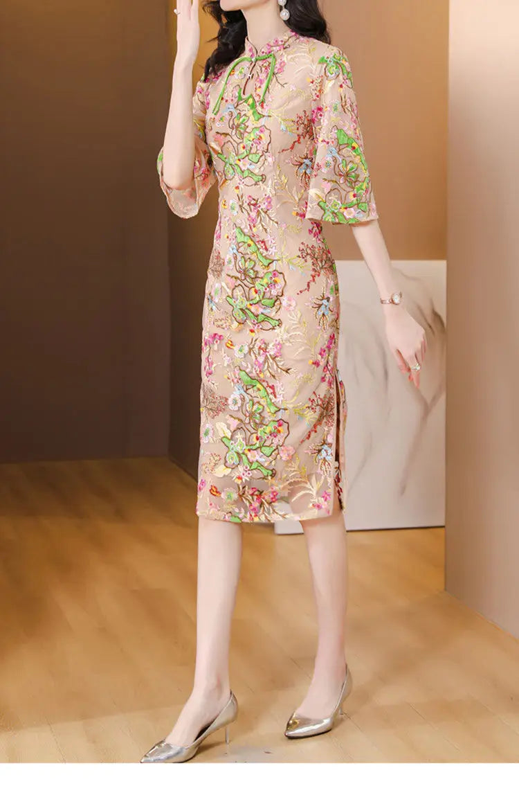 2024 new chinese improved elegant cheongsam woman summer national style gauze retro slimming embroidered half sleeve qipao dress