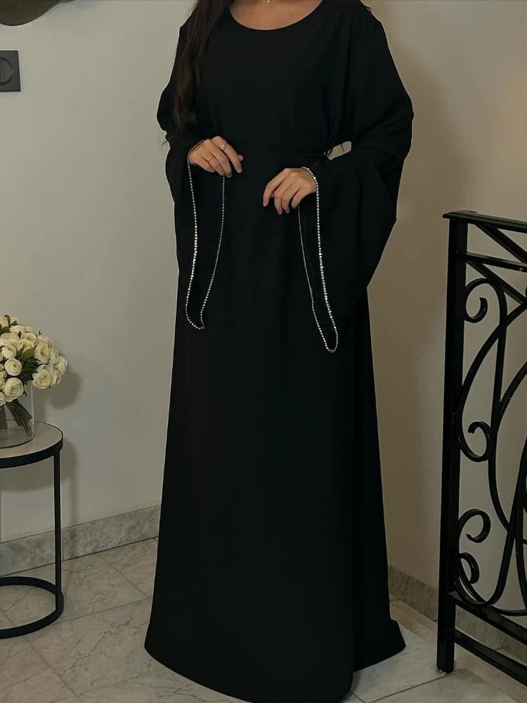 Eid Ramadan Party Dress for Women Muslim Abaya Diamond Flare Sleeve Long Dress Belt Morocco Kaftan Vestidos Dubai Robe Jalabiya - Seprincess