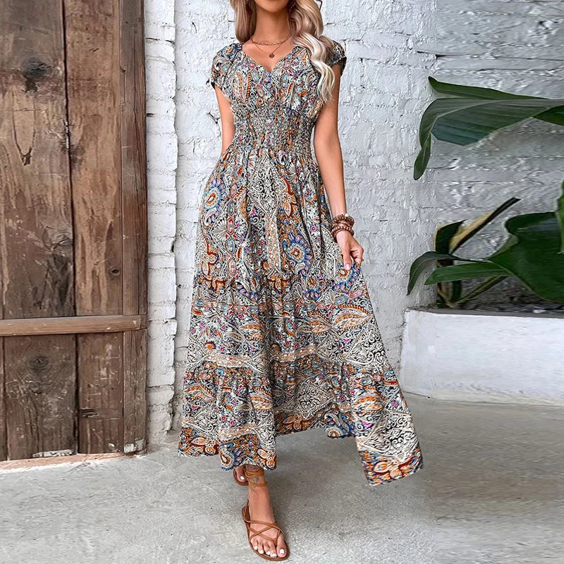 Women Vintage Print Long Dress 2023 Summer Sexy V Neck Short Sleeve A-line Dress Female Elegant Elastic Waist Maxi Dresess Robe - Seprincess