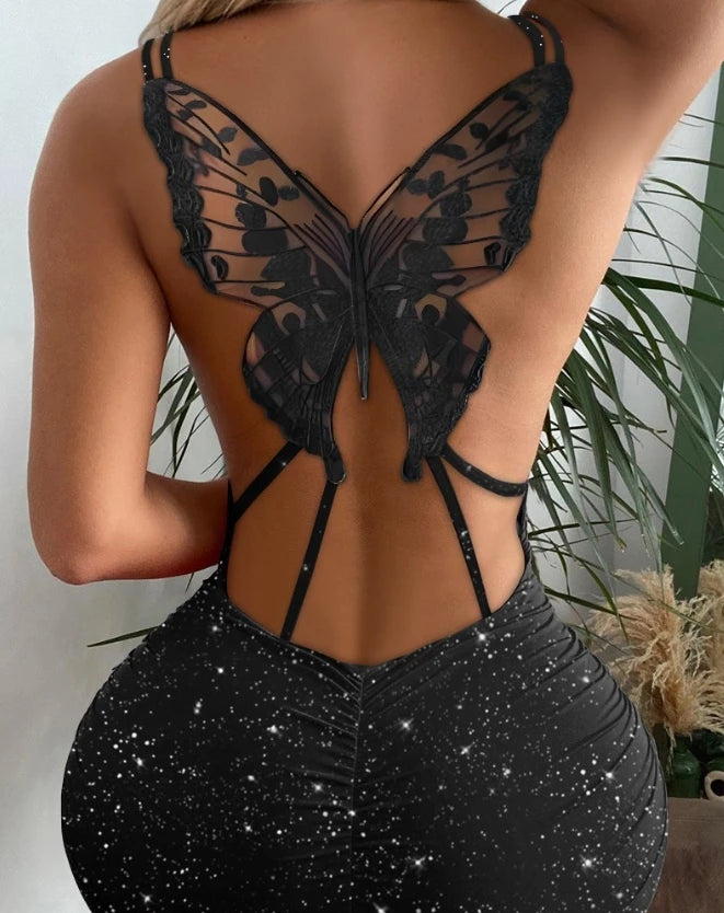 Sexy Spicy Girl Glitter Butterfly Pattern Hollow Out Bodycon Dress Night Out Women Fashion Spaghetti Strap Skinny Party Dresses - Seprincess