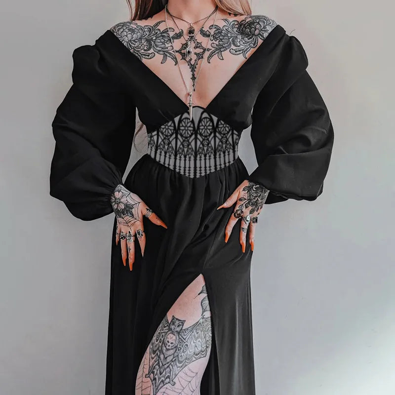 Fashion Hipster Slim Print Waist Big V-neck Dress Woman Halloween Party Black Dress Mysterious Witch Renaissance Daily Cosplay - Seprincess