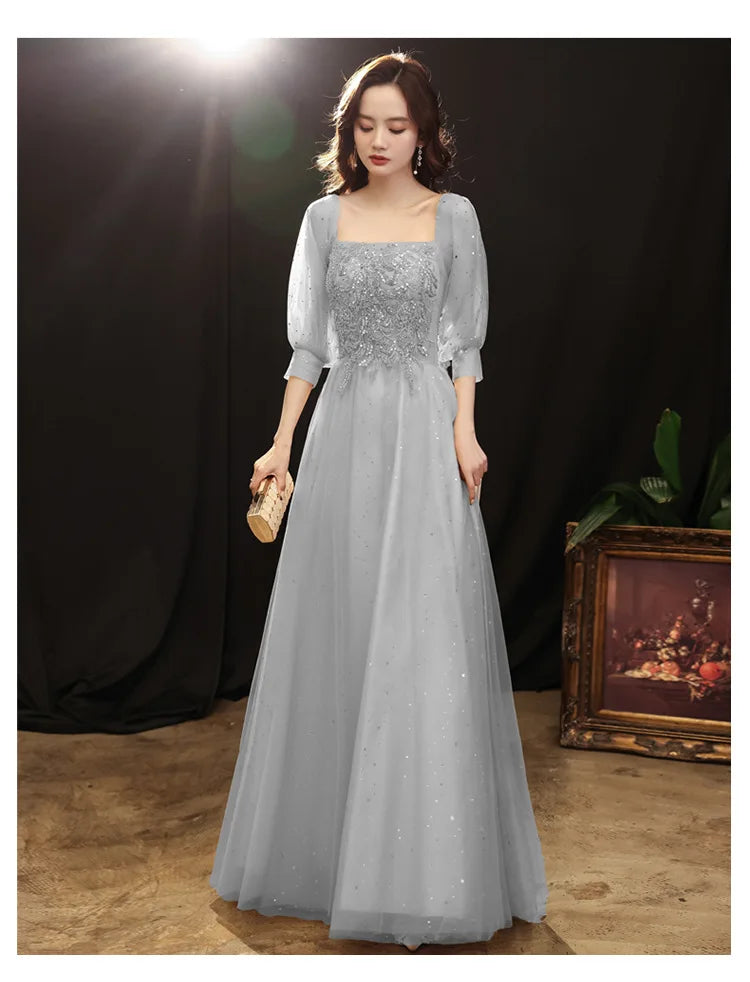 Grey Shining long lady girl women princess banquet party ballbridesmaid performance prom dress performance gown - Seprincess