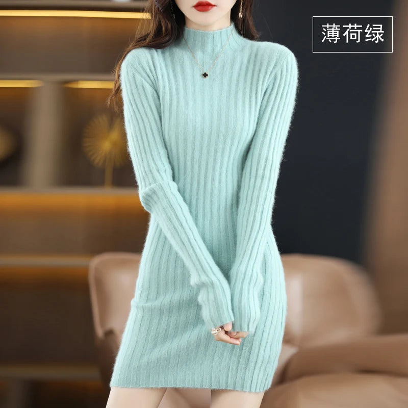 Women's High Collar Winter Warm Long Sleeve Solid Mink Cashmere Korean Version Loose Luxury Soft Cashmere Knitted Fit Dress - Seprincess