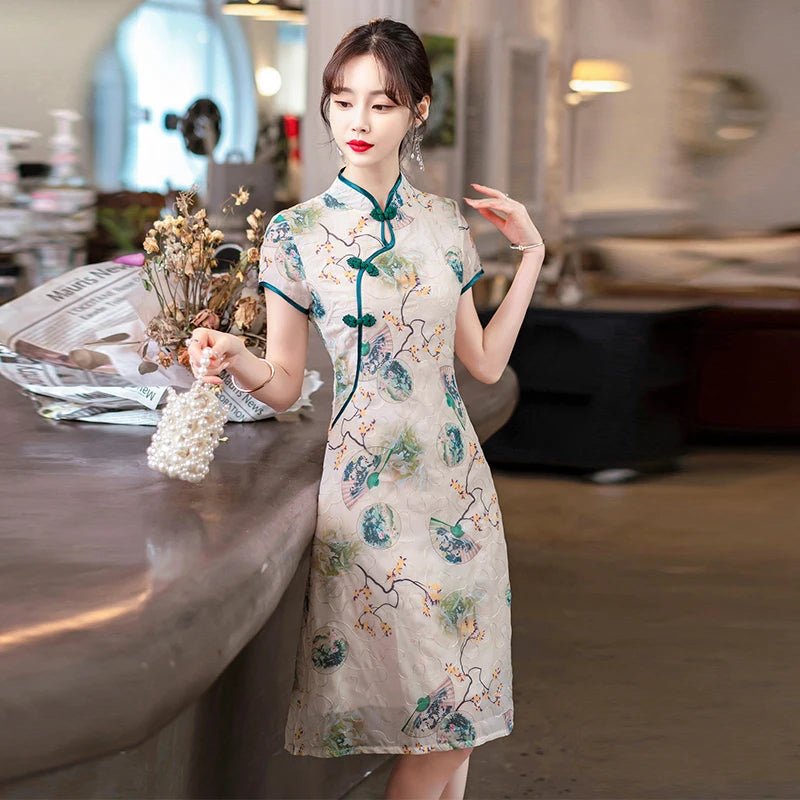 Fashion Modern Chinese Cheongsam A-line Dress Women Short Sleeve Qipao Traditional Chinese Clothes - Seprincess