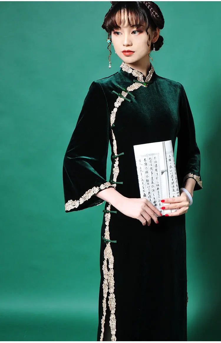 Cheongsam Chinese Traditional Dress Solud Color New Autumn Winter Long Temperament Flare Sleeve Velvet Improved Green Qipao 2024 - Seprincess