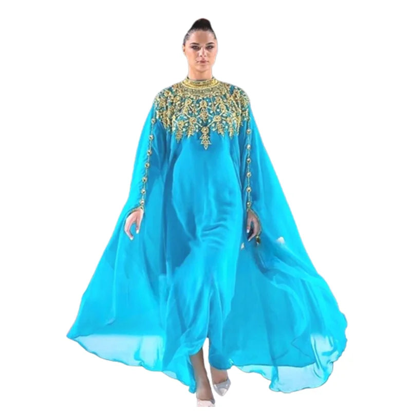 Turquoise Dubai Morocco Kaftans Farasha Abaya Dresses Very Fancy Long Dresses with European and American Fashion Trends - Seprincess