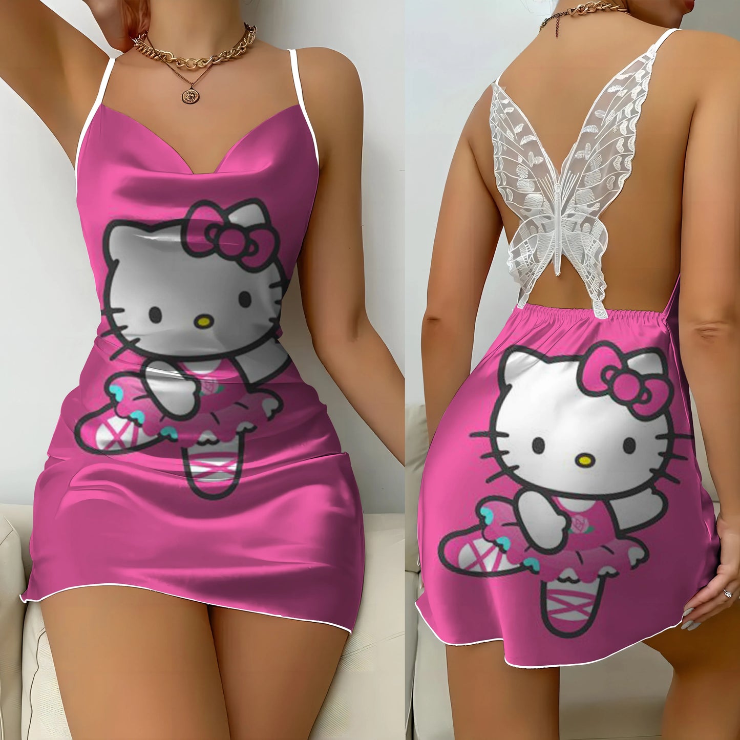 Mini Dress Pajama Skirt Hello Kitty Sexy Dresses Off Shoulder Bow Knot Satin Surface Womens Fashion Summer 2024 Short Party Lace - Seprincess