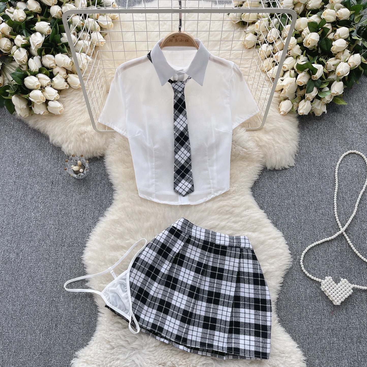 SINGREINY Plaid JK Uniform Erotic Suits Lingerie Female Short Sleeve Blouses+Pleated Skirts Suits Women Cosplay Sheer Sexy Sets - Seprincess