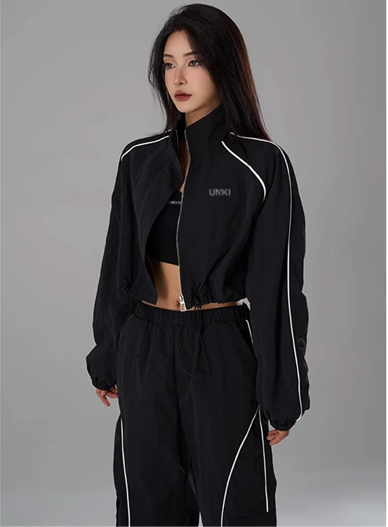 Hip Hop Sports Suit Two-piece Set Women Black Short Track Jacket +Sweatpants Joggers Dance Tracksuit Female Cropped Jacket Sets - Seprincess