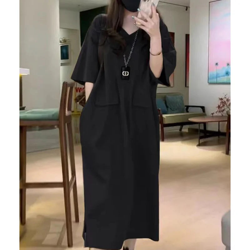 Fashion V-Neck Solid Color Spliced Pockets Loose Korean Long Dress Women's Clothing 2023 Summer New Oversized Casual Dresses - Seprincess