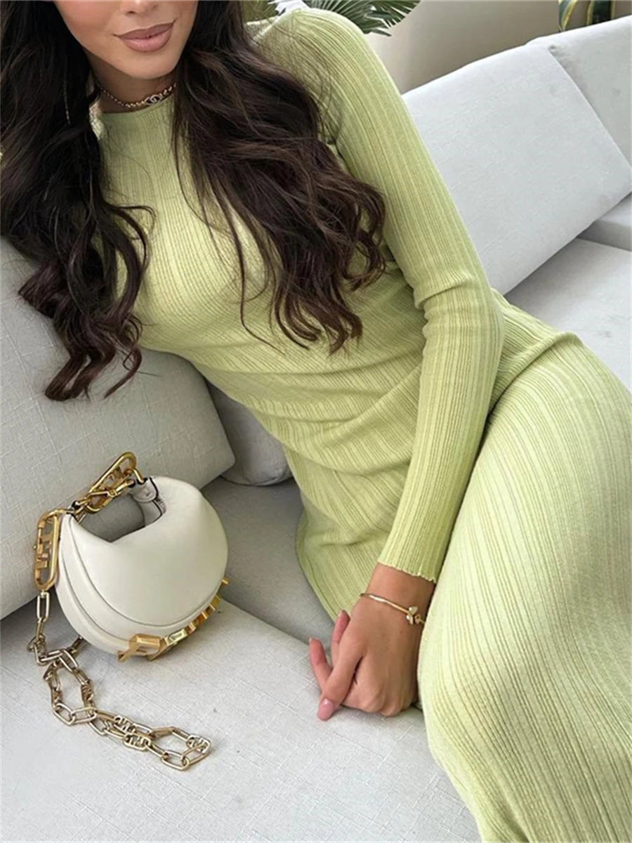 wsevypo Fall Casual Knit Ribbed Bodycon Long Dress Simple Style Solid Color Long Sleeve O Neck Wrapped Pencil Dress Street Party - Seprincess