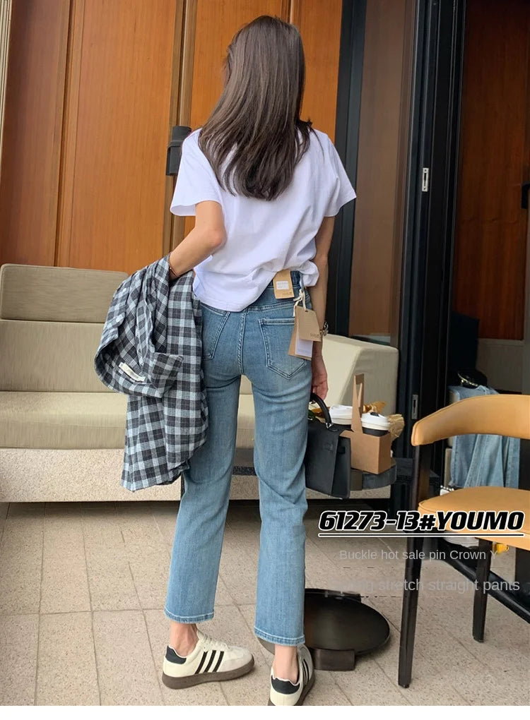 Y2k Large Size High Waist Jeans Women 2023 New Spring And Autumn Fat Mm Slim High Nine Straight Pipe Pants