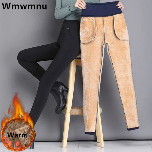 Super Warm Winter Pencil Pants Women Big Size 6xl Thicken Fleece Lined Slim Pantalones High Waist Office Lambwool Fluff Leggings