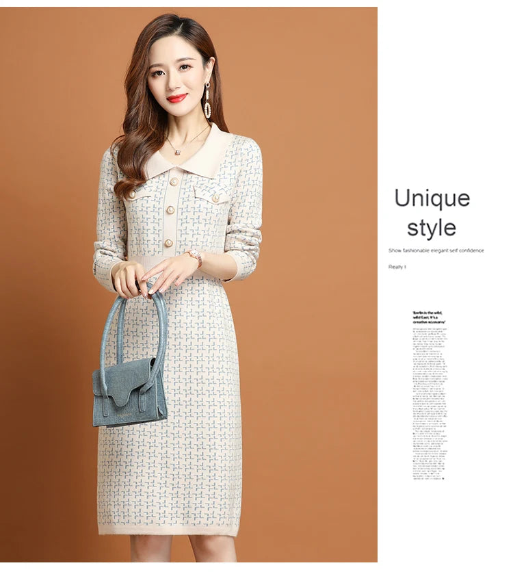 Office Lady Korean Fashion Knitted Solid Slim Dress Women's Winter Long Sleeve Warm Elegant Knee Length Tunics - Seprincess