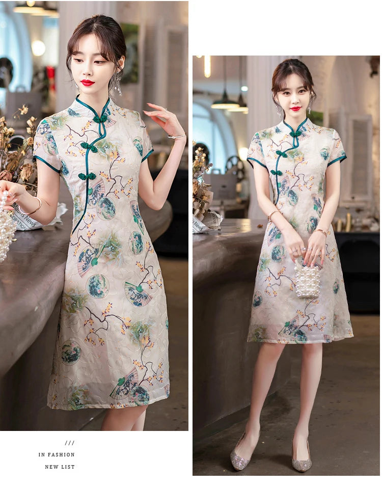 Fashion Modern Chinese Cheongsam A-line Dress Women Short Sleeve Qipao Traditional Chinese Clothes - Seprincess